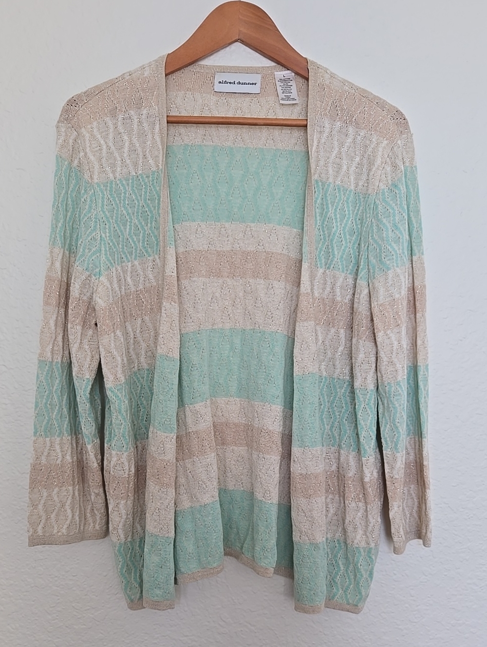 Alfred Dunner Mint and Cream Striped Open-Front Cardigan